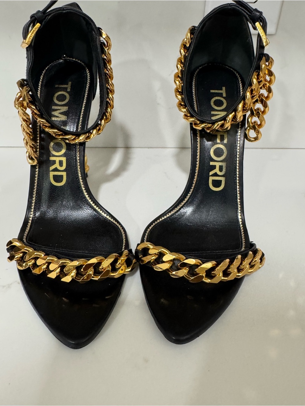 TOM FORD Chain Heel Black & Gold Leather Sandals 38.5